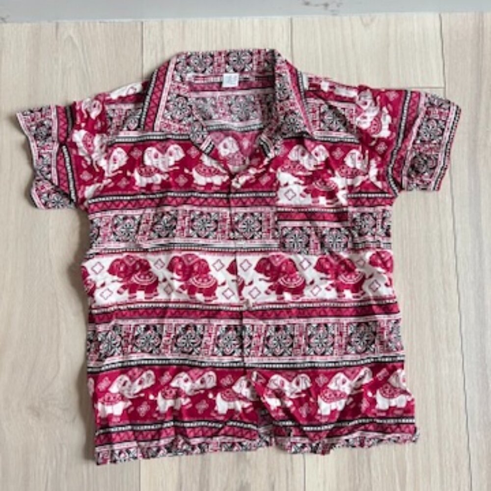 Tribal Elephant Shirt Womens 4 Red Button Up Short Sleeve Top